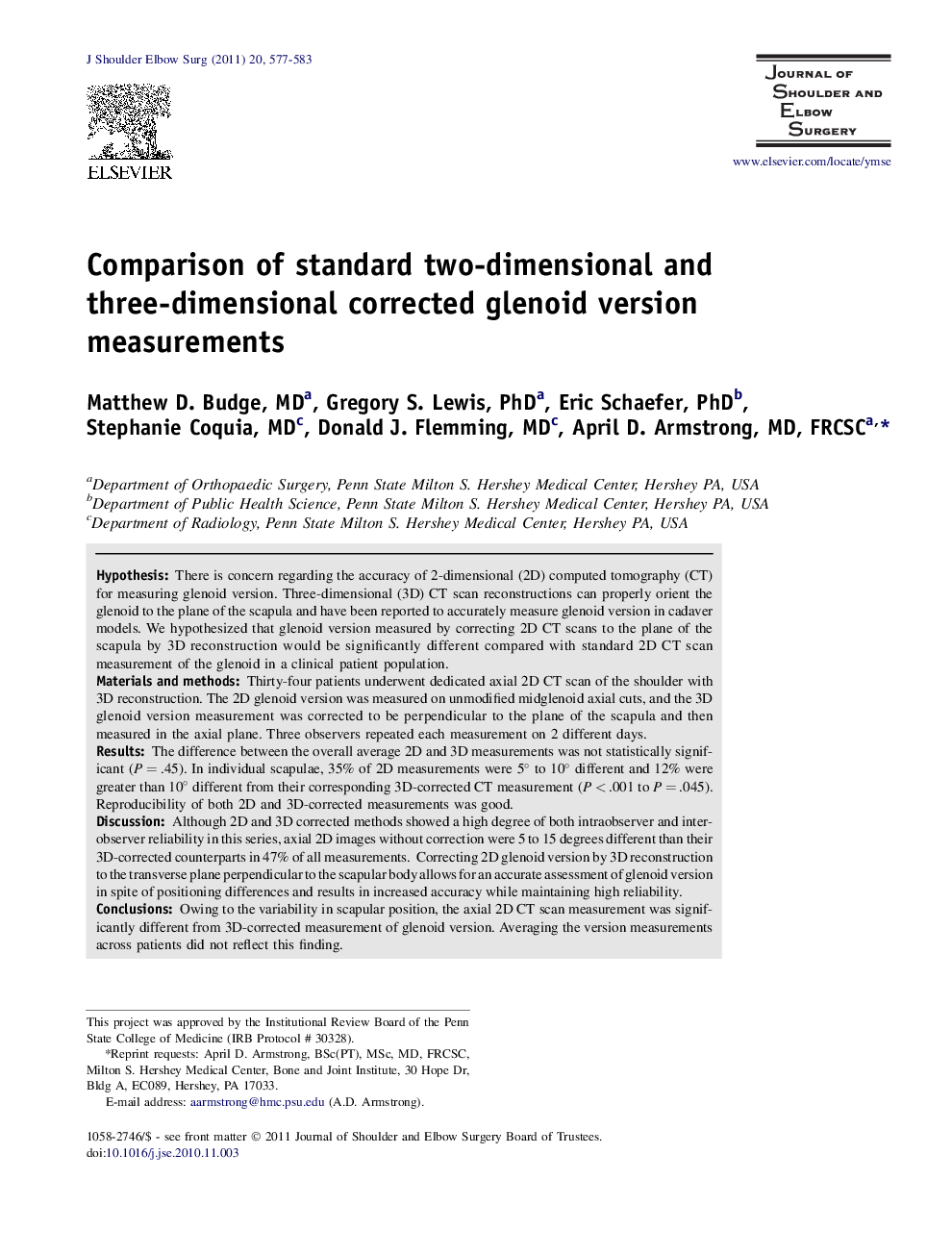 Comparison of standard two-dimensional and three-dimensional corrected glenoid version measurements 