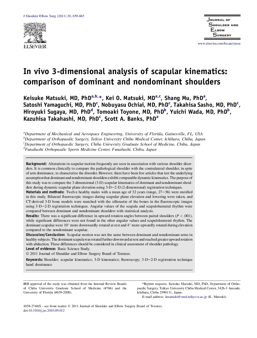 In vivo 3-dimensional analysis of scapular kinematics: comparison of dominant and nondominant shoulders 