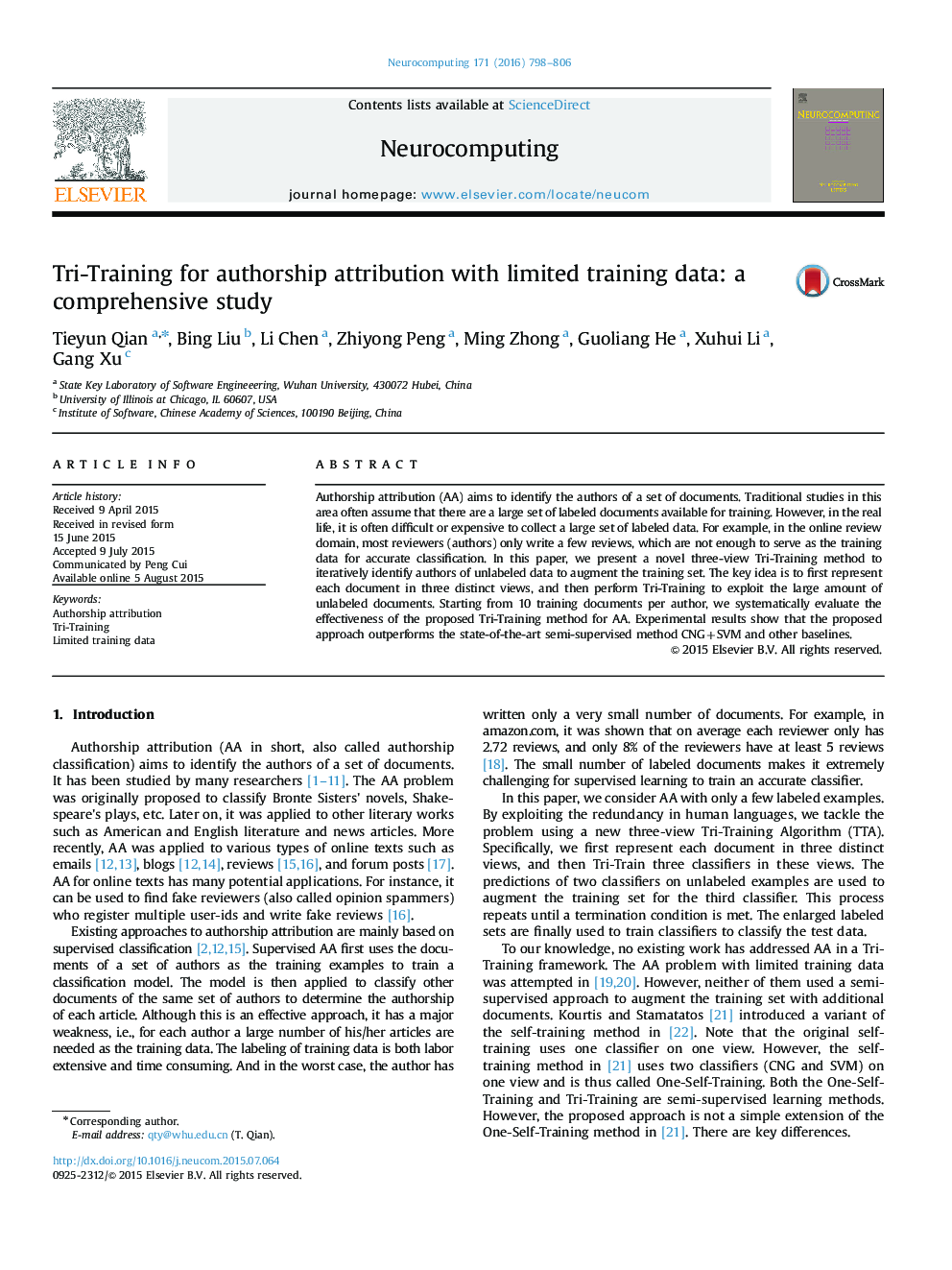 Tri-Training for authorship attribution with limited training data: a comprehensive study