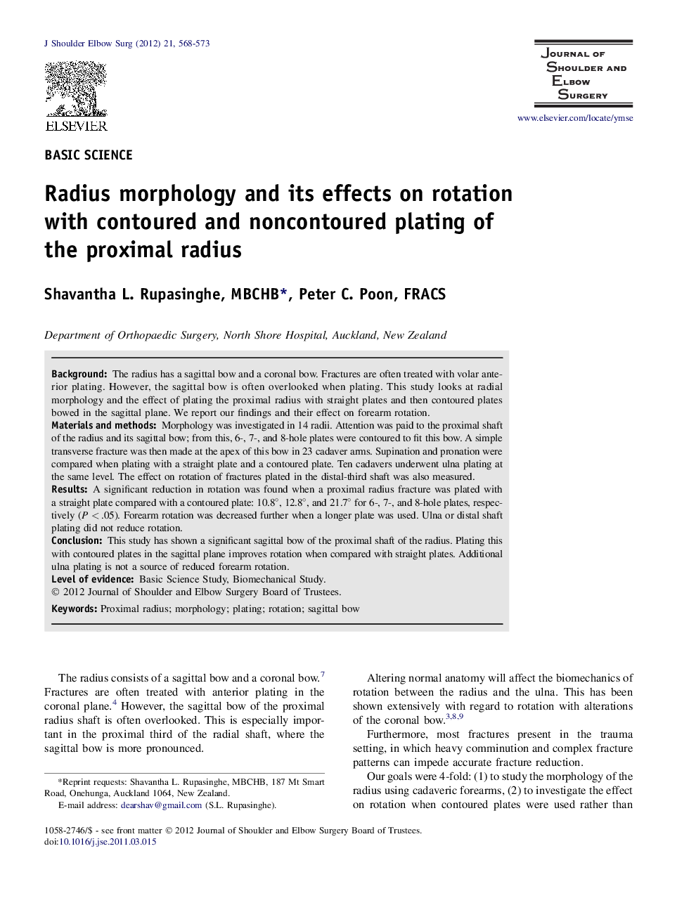 Radius morphology and its effects on rotation with contoured and noncontoured plating of the proximal radius