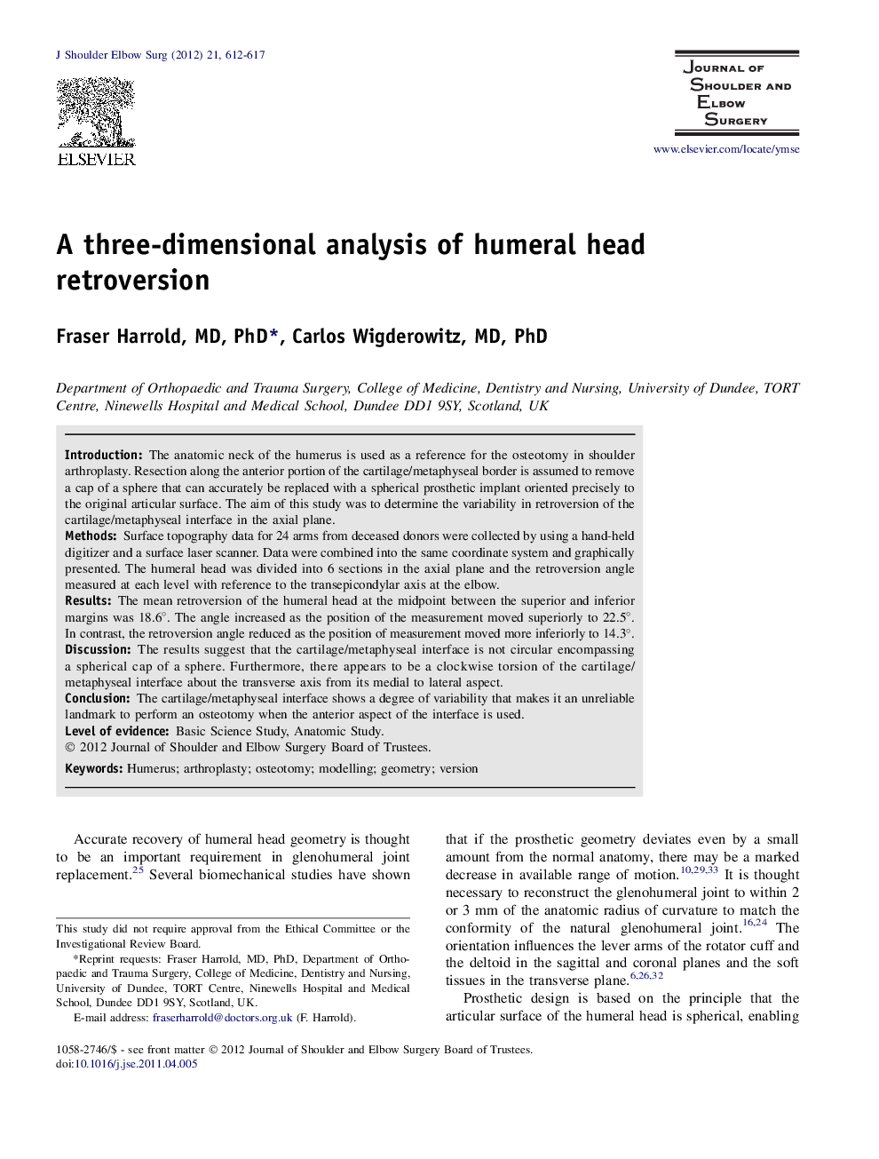 A three-dimensional analysis of humeral head retroversion 