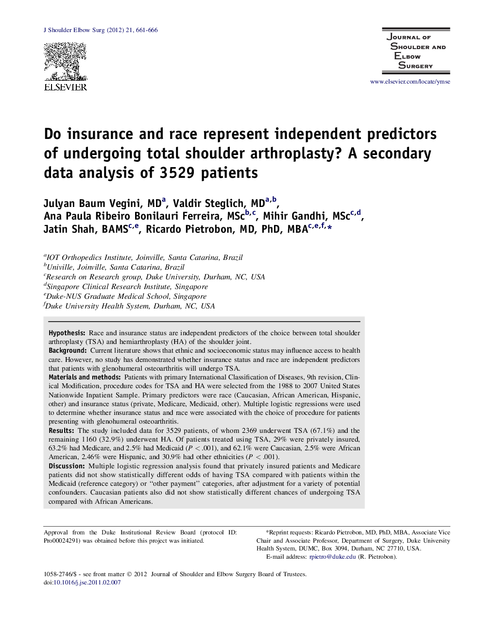 Do insurance and race represent independent predictors of undergoing total shoulder arthroplasty? A secondary data analysis of 3529 patients 
