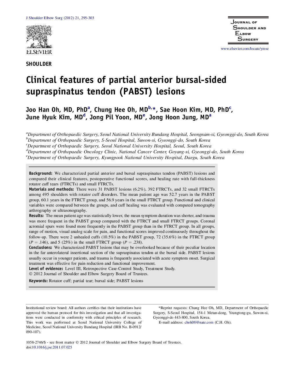 Clinical features of partial anterior bursal-sided supraspinatus tendon (PABST) lesions 