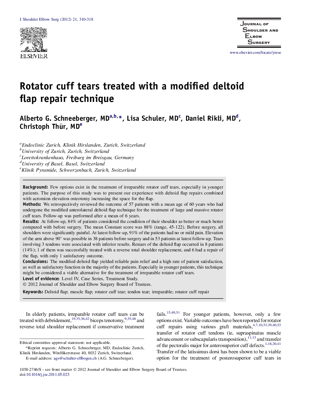 Rotator cuff tears treated with a modified deltoid flap repair technique 