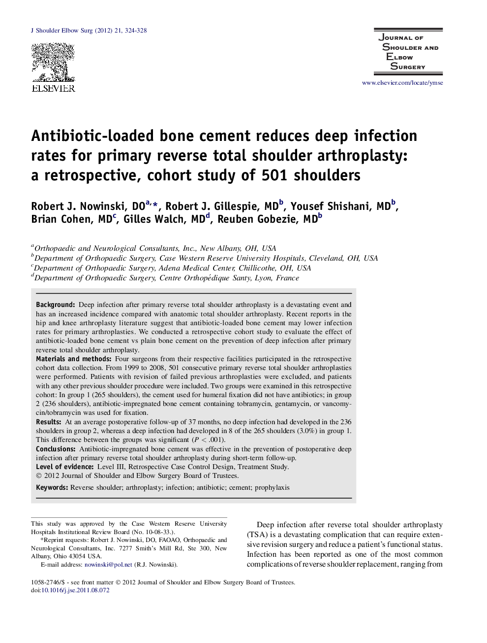 Antibiotic-loaded bone cement reduces deep infection rates for primary reverse total shoulder arthroplasty: a retrospective, cohort study of 501 shoulders 