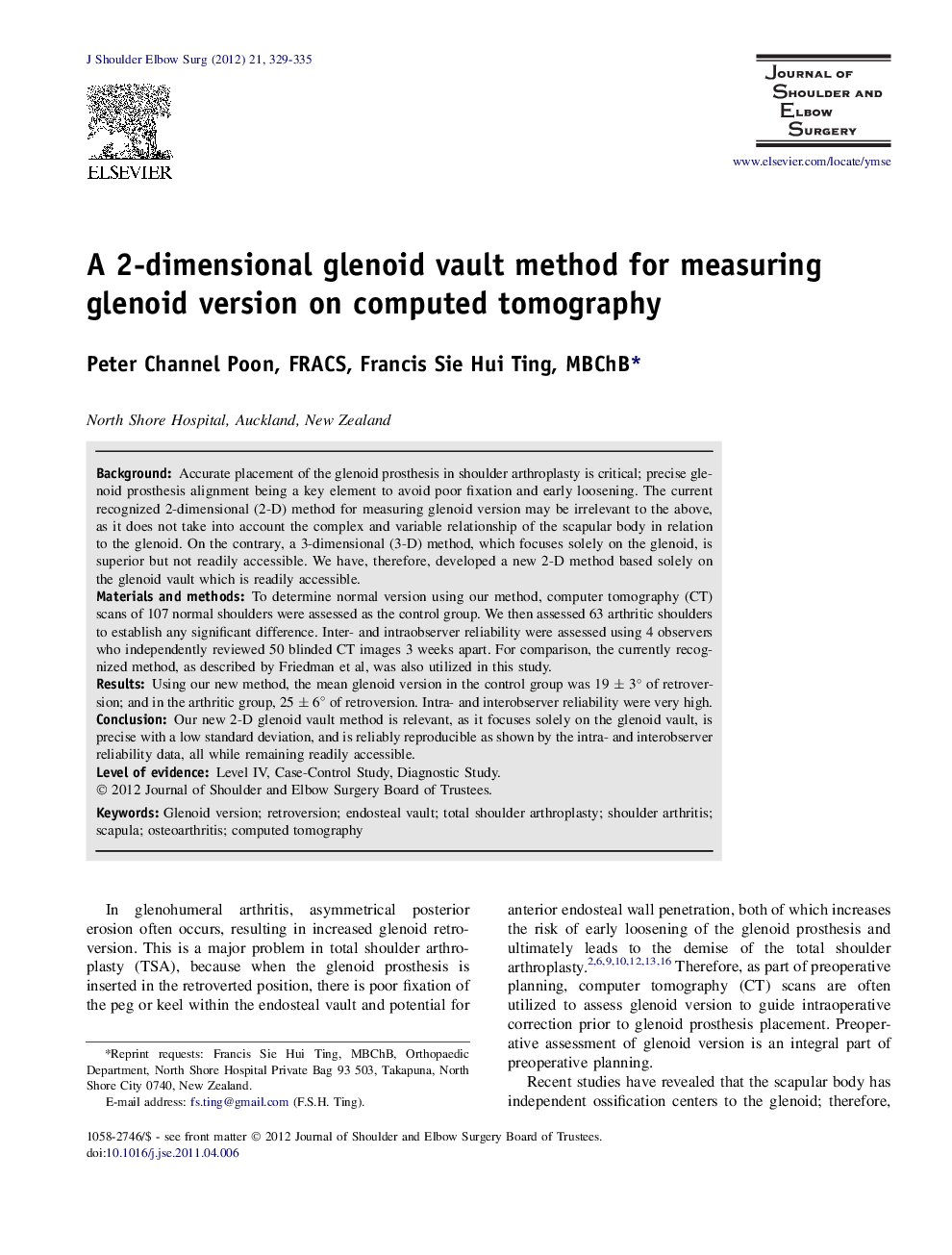 A 2-dimensional glenoid vault method for measuring glenoid version on computed tomography