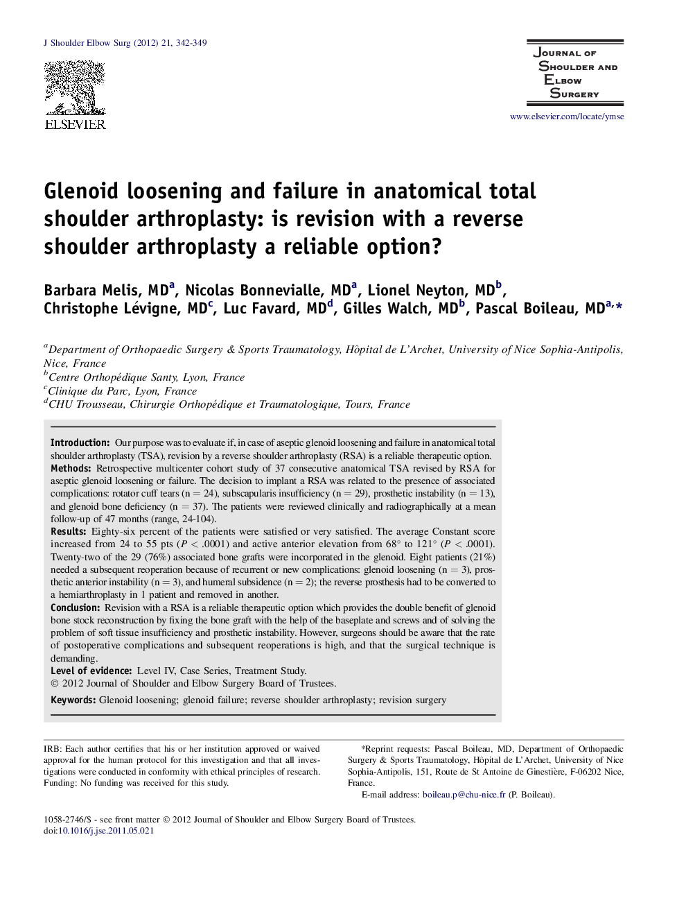Glenoid loosening and failure in anatomical total shoulder arthroplasty: is revision with a reverse shoulder arthroplasty a reliable option? 