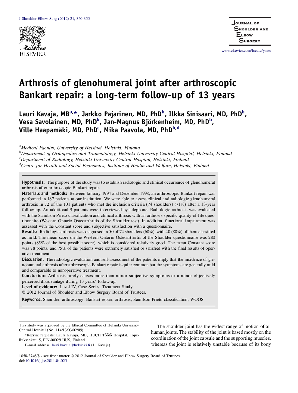 Arthrosis of glenohumeral joint after arthroscopic Bankart repair: a long-term follow-up of 13 years 