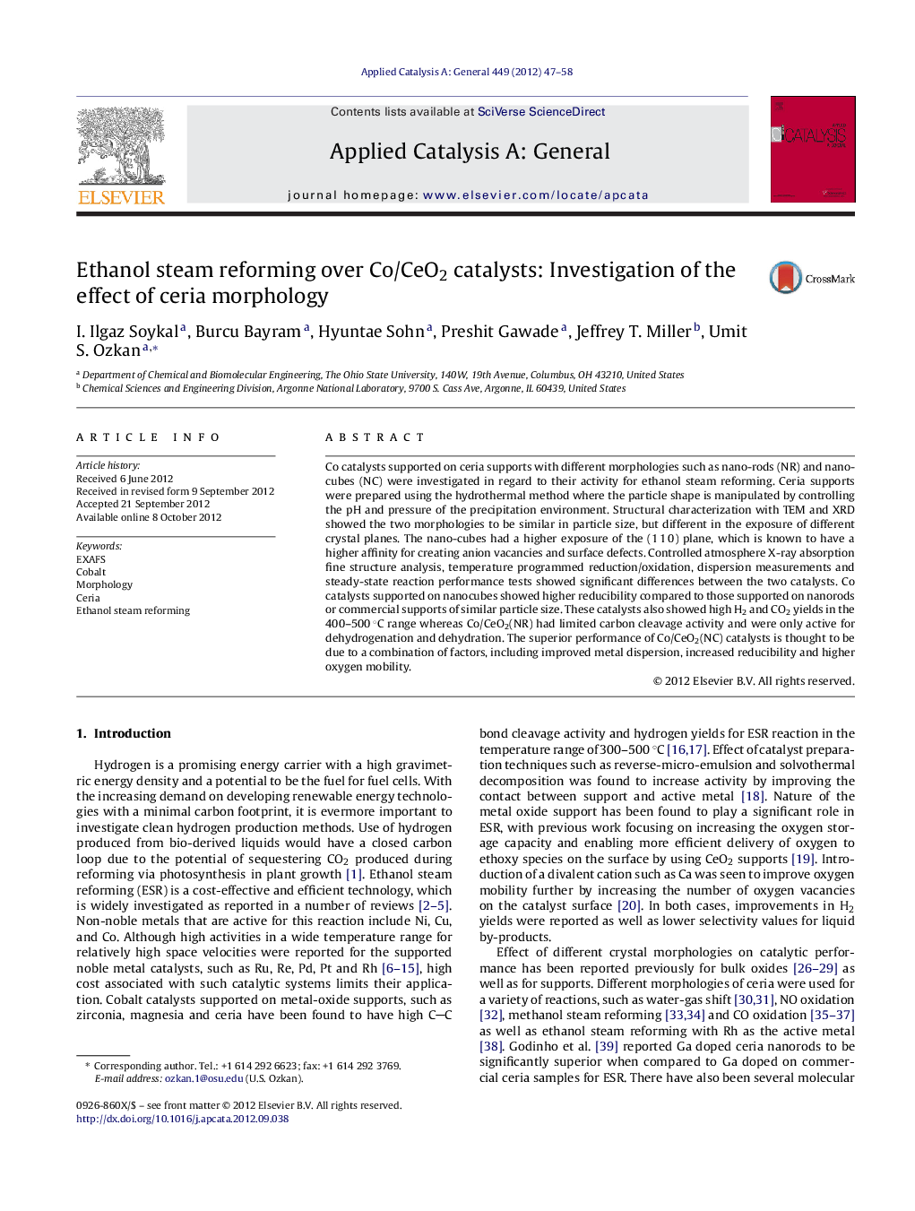 Ethanol steam reforming over Co/CeO2 catalysts: Investigation of the effect of ceria morphology