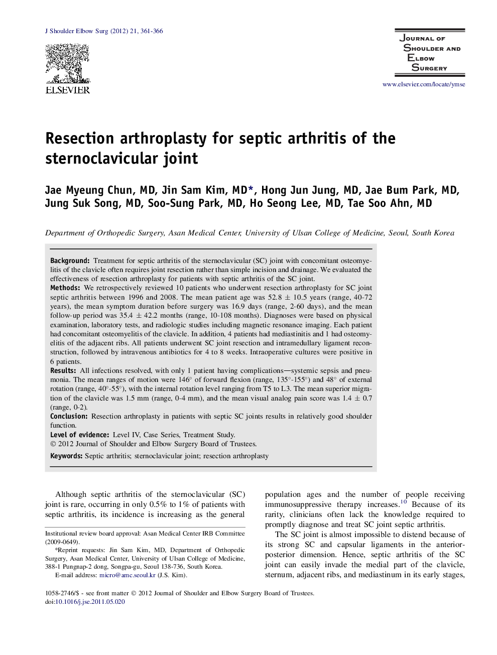Resection arthroplasty for septic arthritis of the sternoclavicular joint 