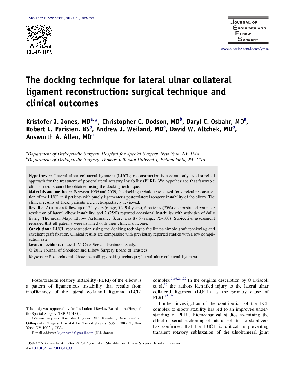 The docking technique for lateral ulnar collateral ligament reconstruction: surgical technique and clinical outcomes 