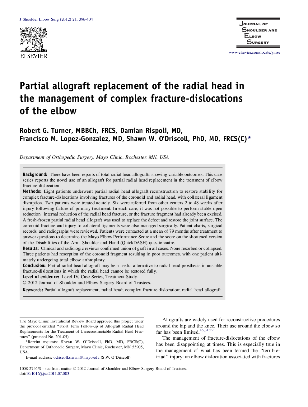 Partial allograft replacement of the radial head in the management of complex fracture-dislocations of the elbow 