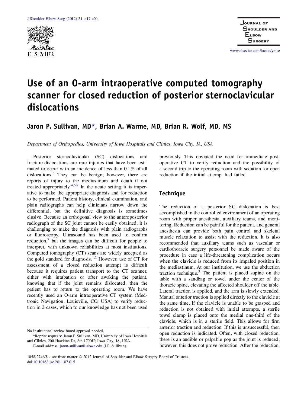 Use of an O-arm intraoperative computed tomography scanner for closed reduction of posterior sternoclavicular dislocations