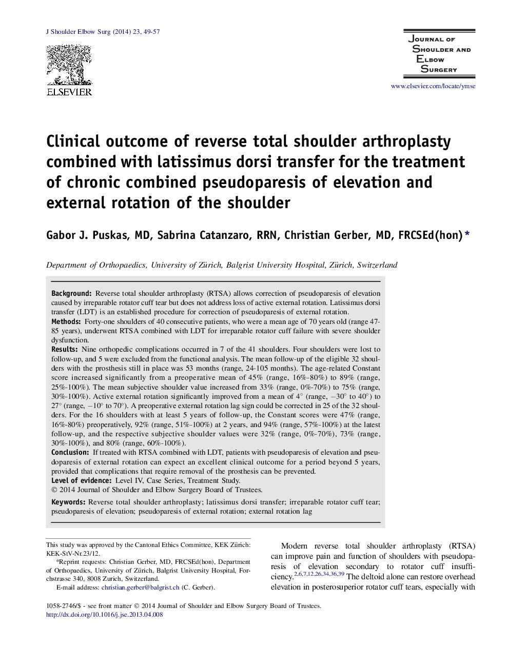 Clinical outcome of reverse total shoulder arthroplasty combined with latissimus dorsi transfer for the treatment of chronic combined pseudoparesis of elevation and external rotation of the shoulder 