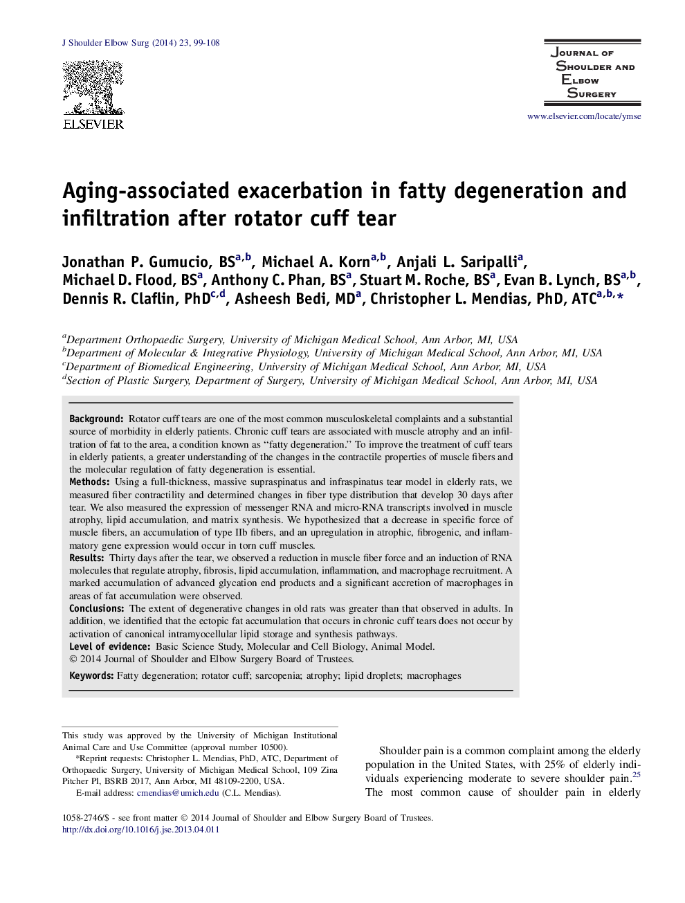 Aging-associated exacerbation in fatty degeneration and infiltration after rotator cuff tear 