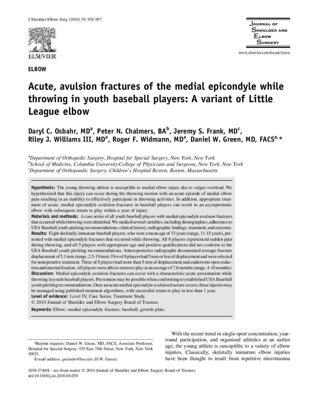 Acute, avulsion fractures of the medial epicondyle while throwing in youth baseball players: A variant of Little League elbow