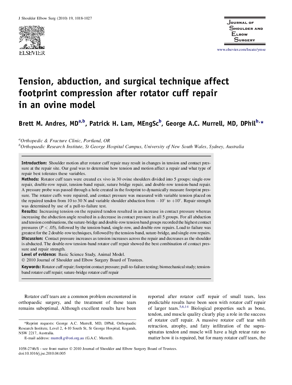 Tension, abduction, and surgical technique affect footprint compression after rotator cuff repair in an ovine model