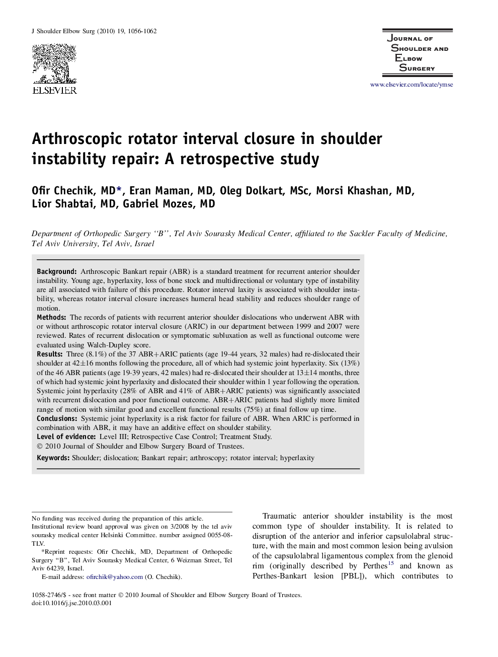 Arthroscopic rotator interval closure in shoulder instability repair: A retrospective study 