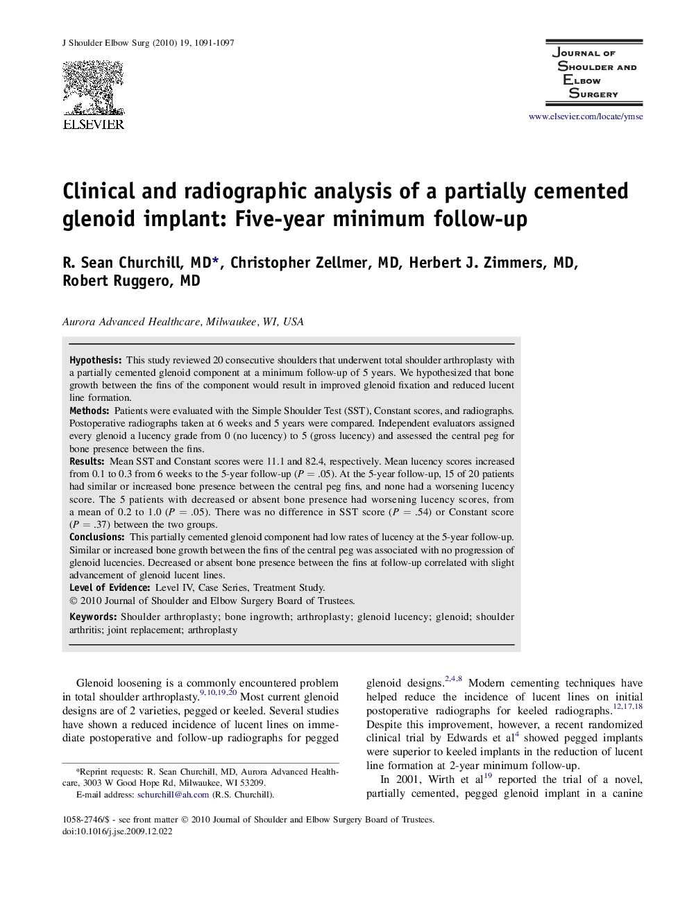 Clinical and radiographic analysis of a partially cemented glenoid implant: Five-year minimum follow-up