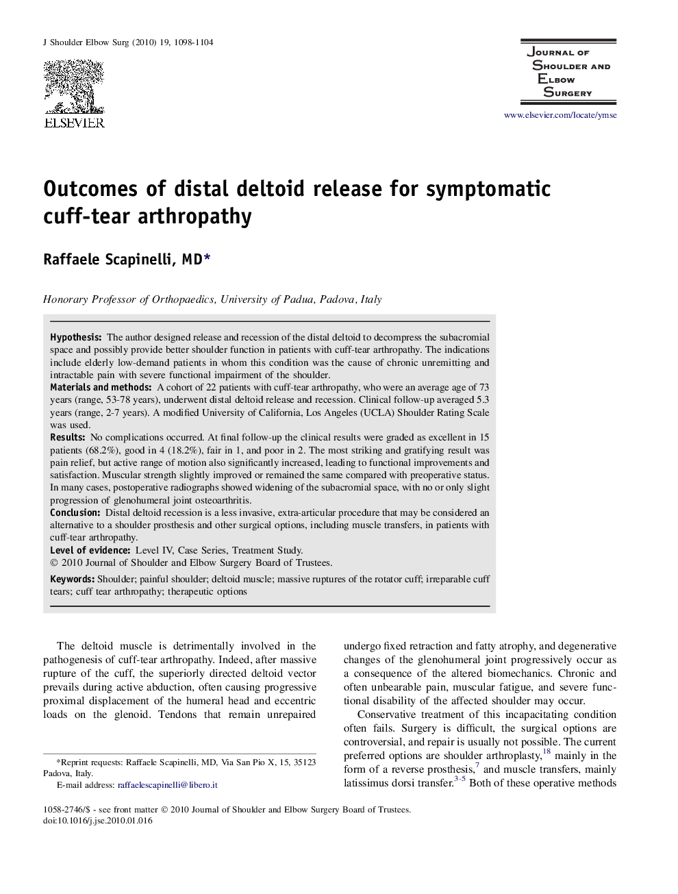 Outcomes of distal deltoid release for symptomatic cuff-tear arthropathy