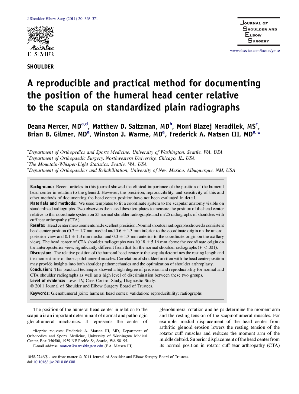 A reproducible and practical method for documenting theÂ position of the humeral head center relative toÂ theÂ scapula on standardized plain radiographs