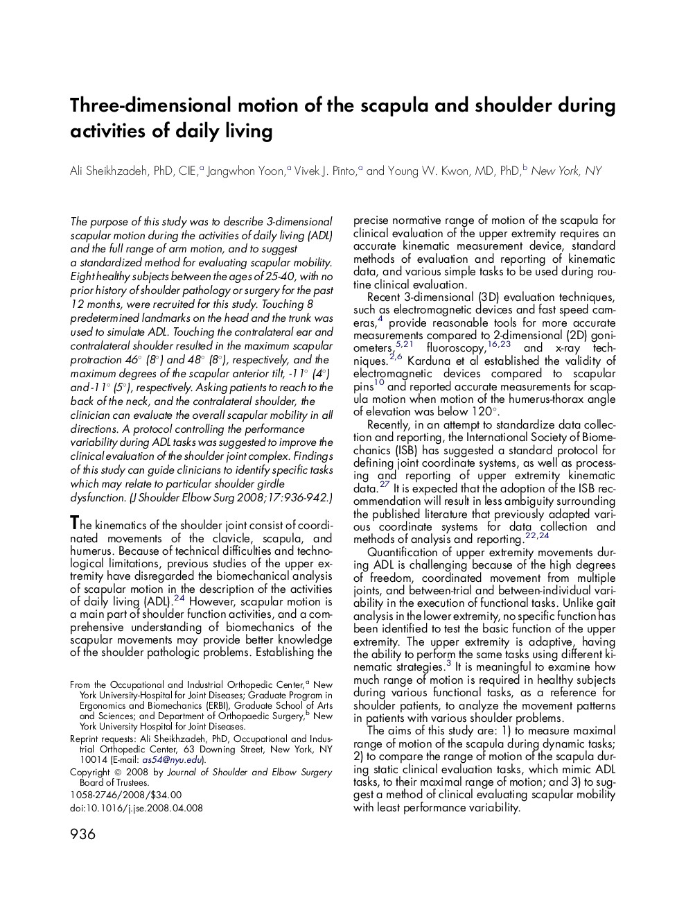 Three-dimensional motion of the scapula and shoulder during activities of daily living