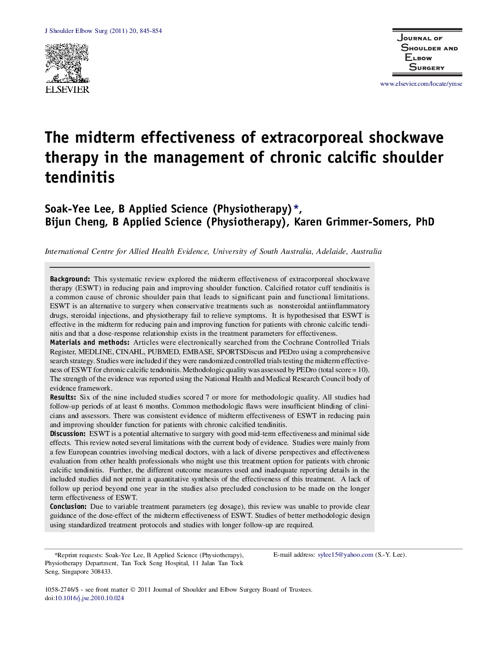 The midterm effectiveness of extracorporeal shockwave therapy in the management of chronic calcific shoulder tendinitis
