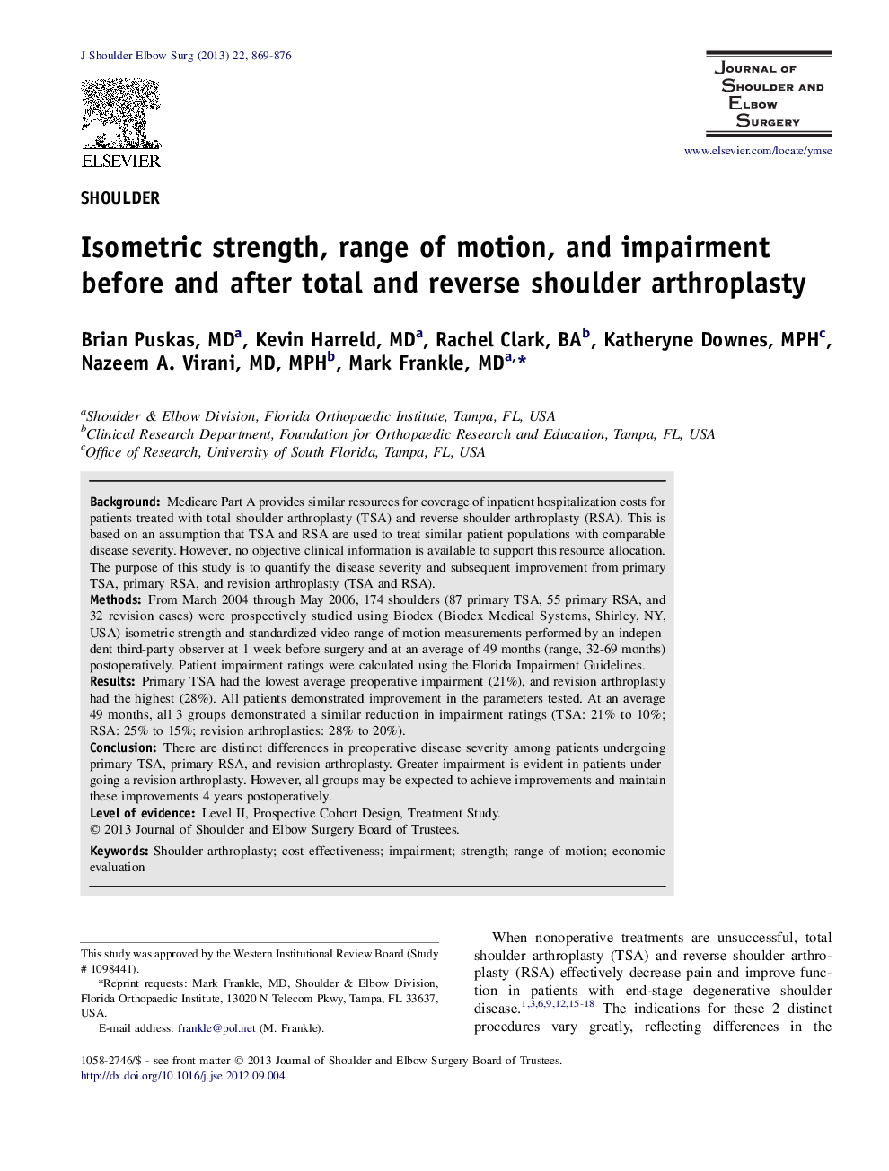 Isometric strength, range of motion, and impairment before and after total and reverse shoulder arthroplasty 