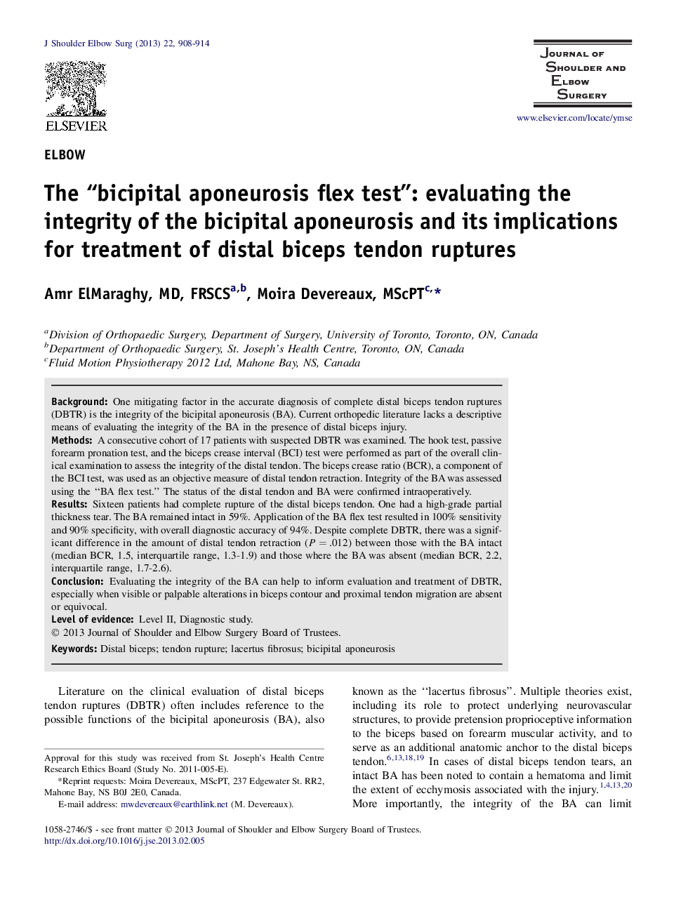 The “bicipital aponeurosis flex test”: evaluating the integrity of the bicipital aponeurosis and its implications for treatment of distal biceps tendon ruptures 