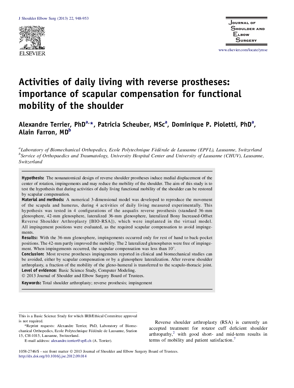 Activities of daily living with reverse prostheses: importance of scapular compensation for functional mobility of the shoulder 