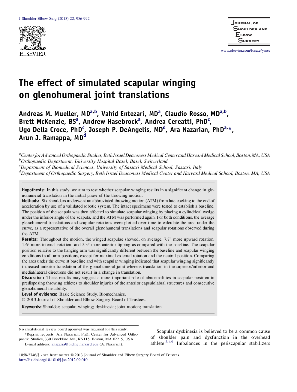 The effect of simulated scapular winging on glenohumeral joint translations 