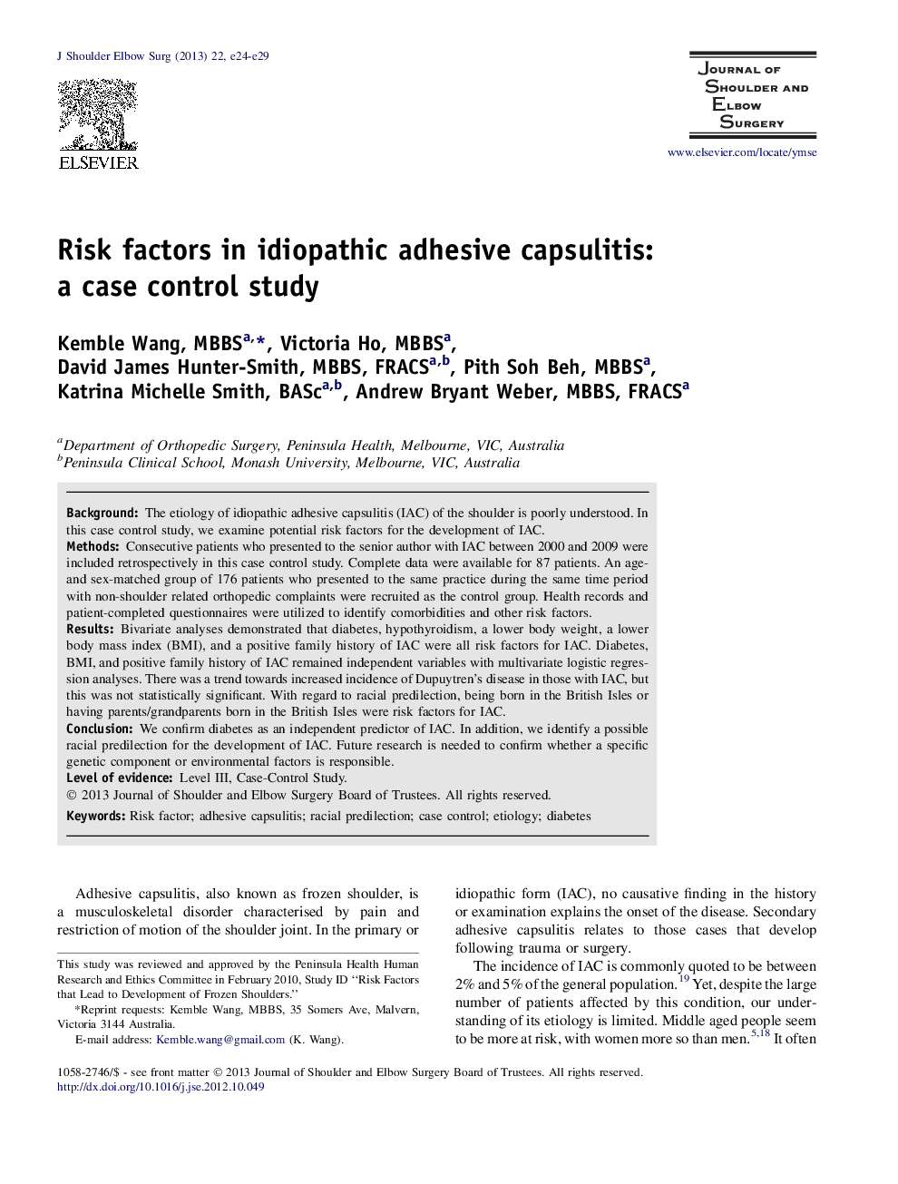 Risk factors in idiopathic adhesive capsulitis: a case control study 