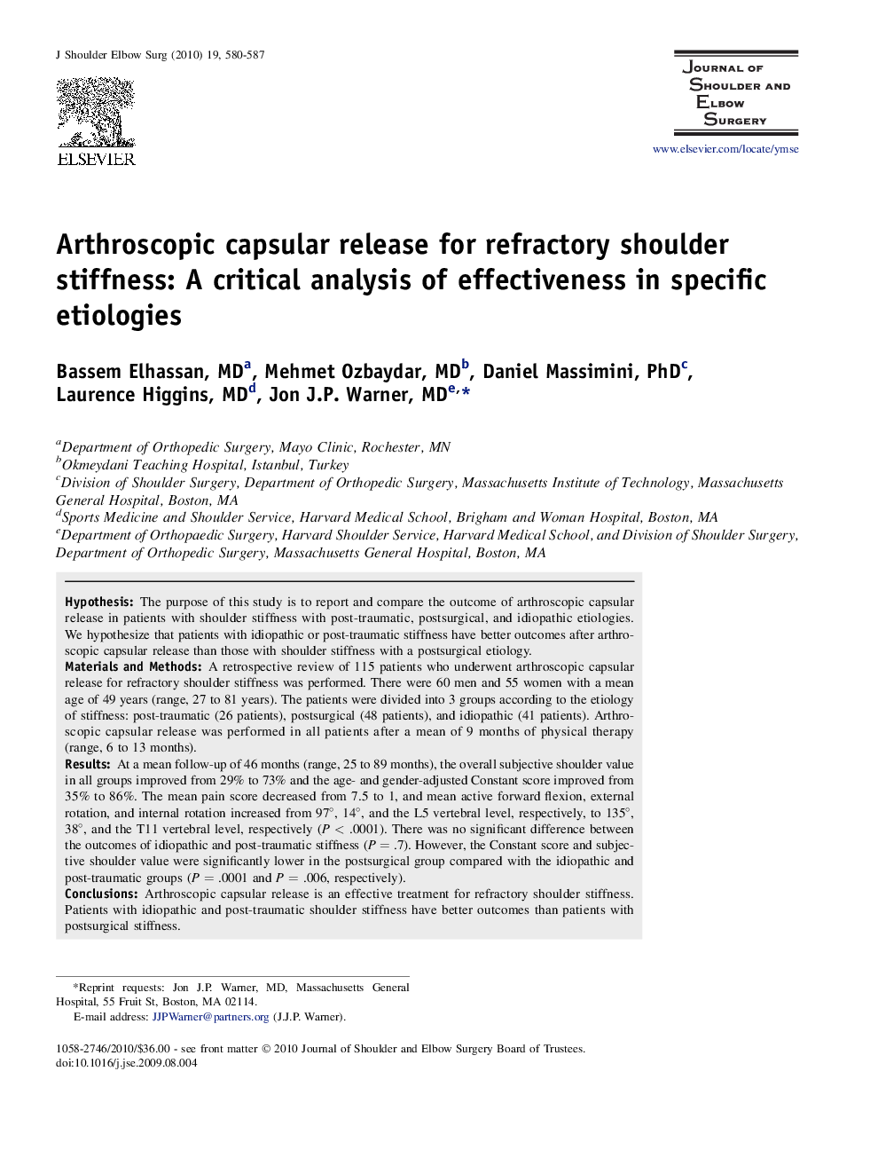 Arthroscopic capsular release for refractory shoulder stiffness: A critical analysis of effectiveness in specific etiologies