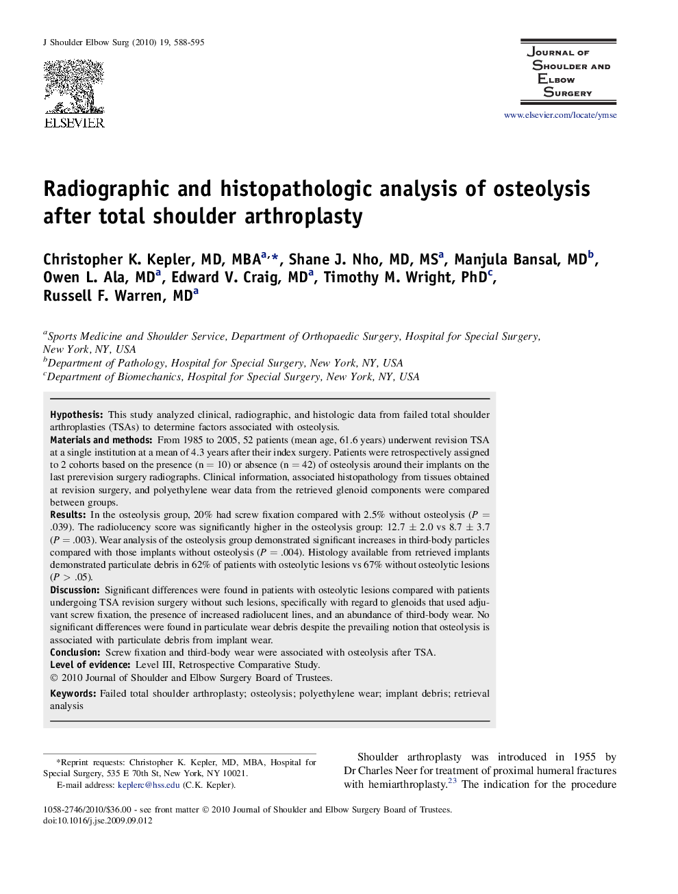 Radiographic and histopathologic analysis of osteolysis after total shoulder arthroplasty