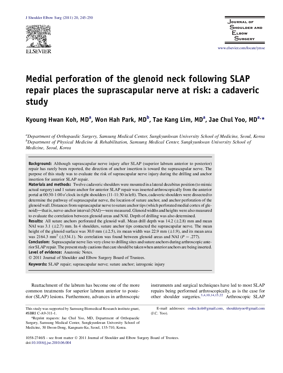 Medial perforation of the glenoid neck following SLAP repair places the suprascapular nerve at risk: a cadaveric study 