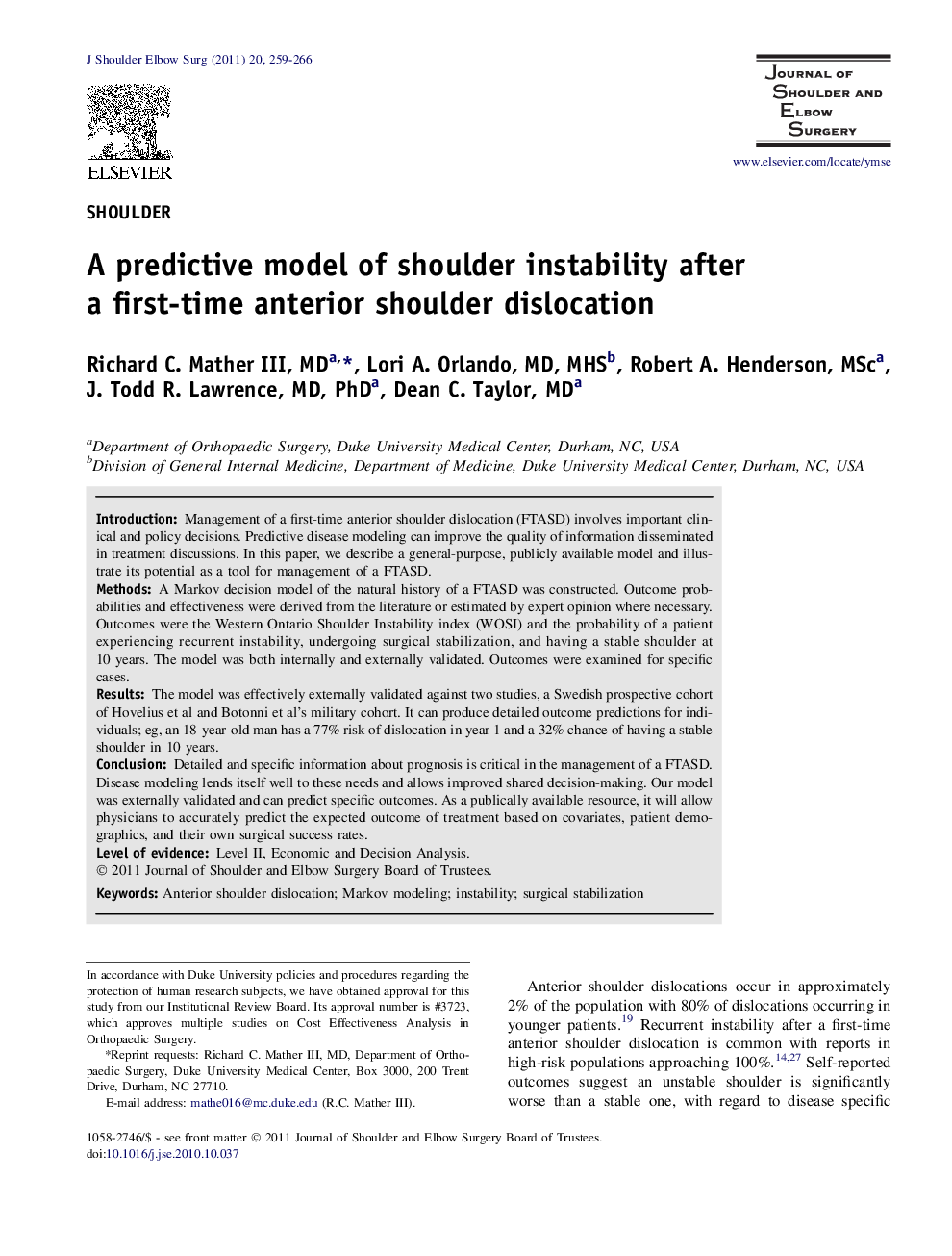 A predictive model of shoulder instability after a first-time anterior shoulder dislocation 
