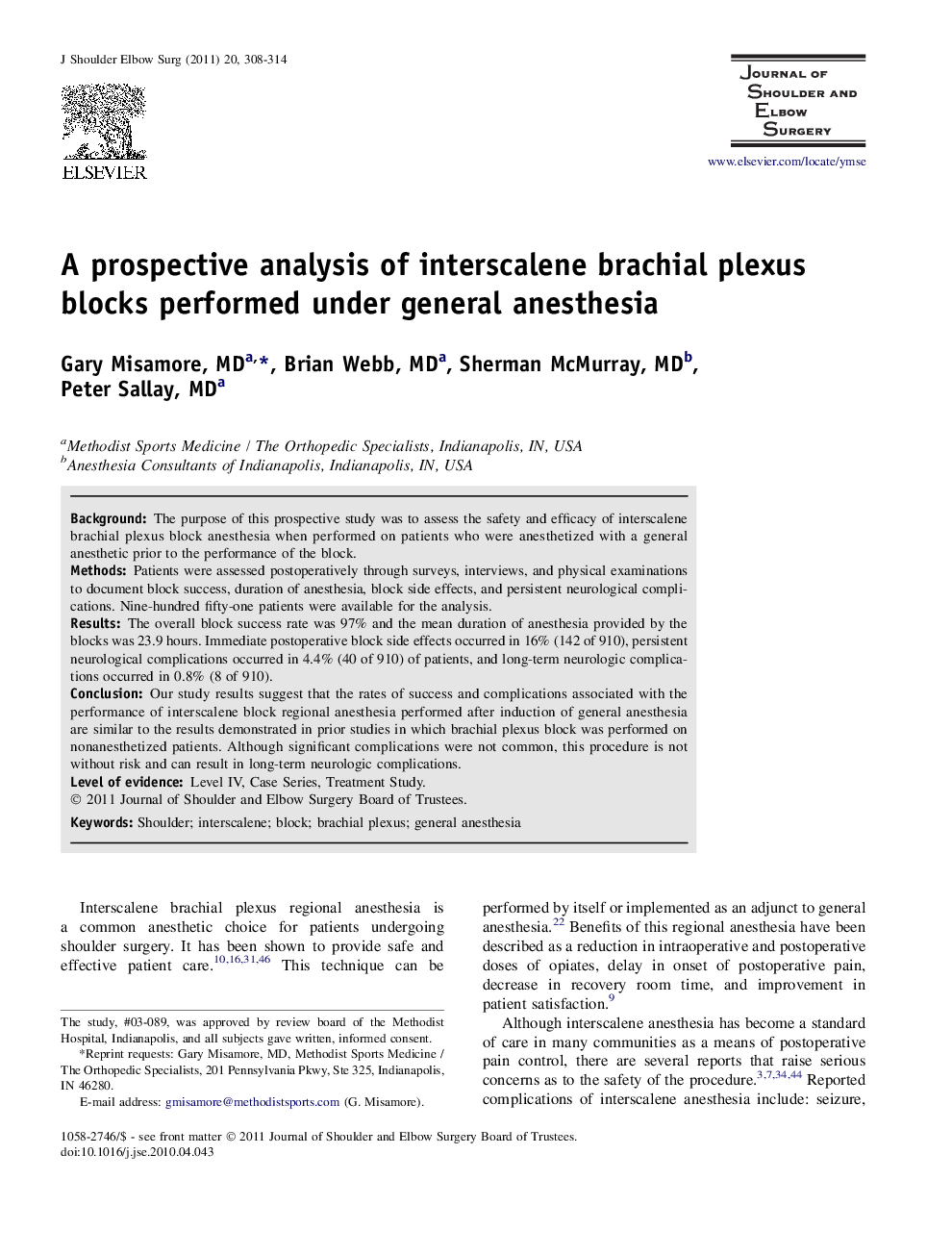 A prospective analysis of interscalene brachial plexus blocks performed under general anesthesia 