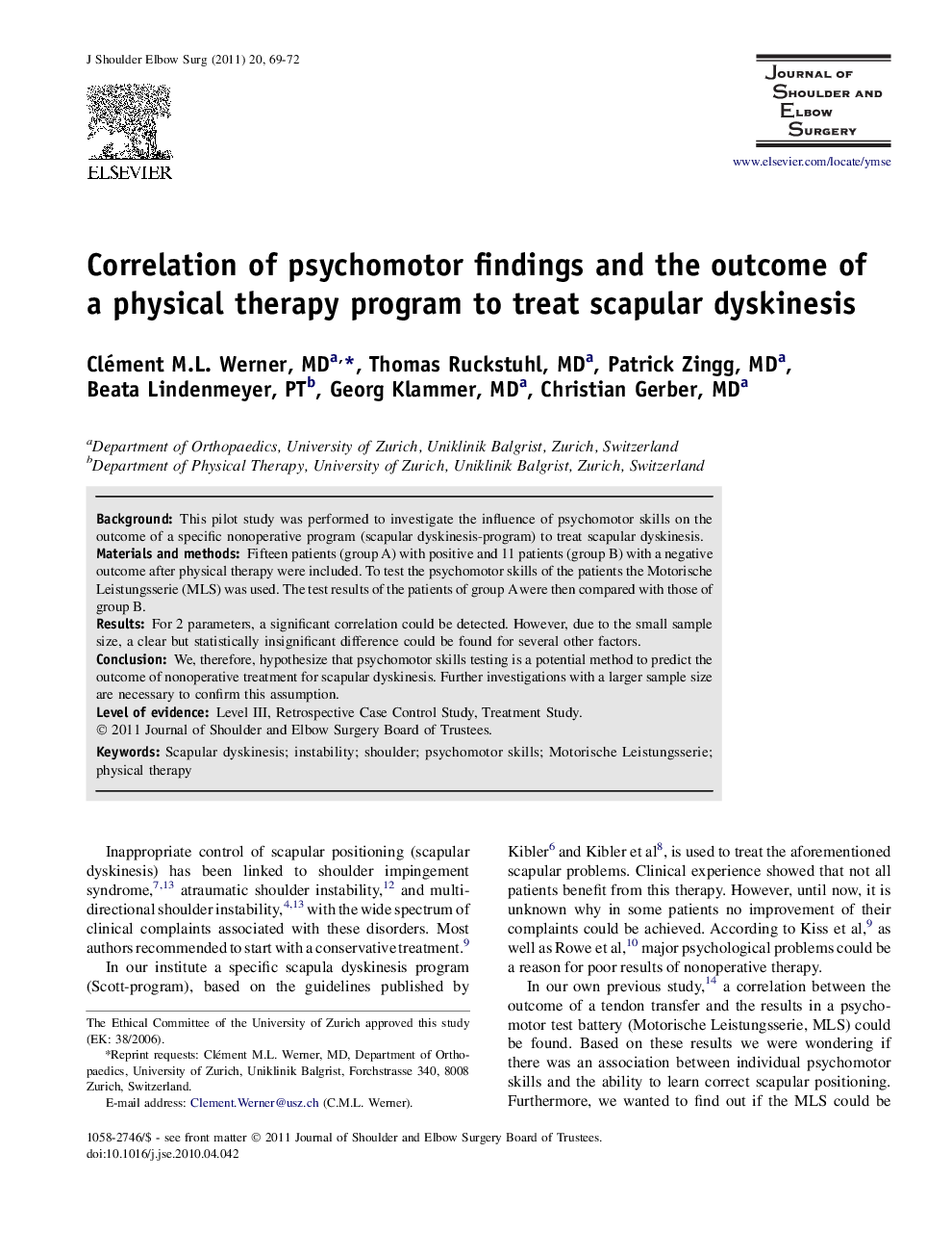 Correlation of psychomotor findings and the outcome of a physical therapy program to treat scapular dyskinesis 