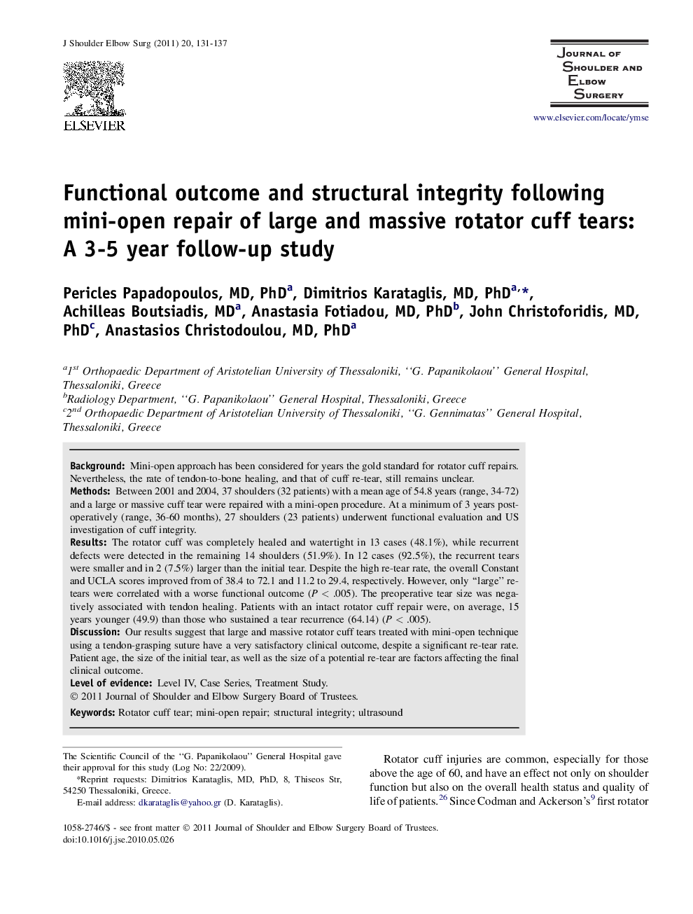 Functional outcome and structural integrity following mini-open repair of large and massive rotator cuff tears: A 3-5 year follow-up study 