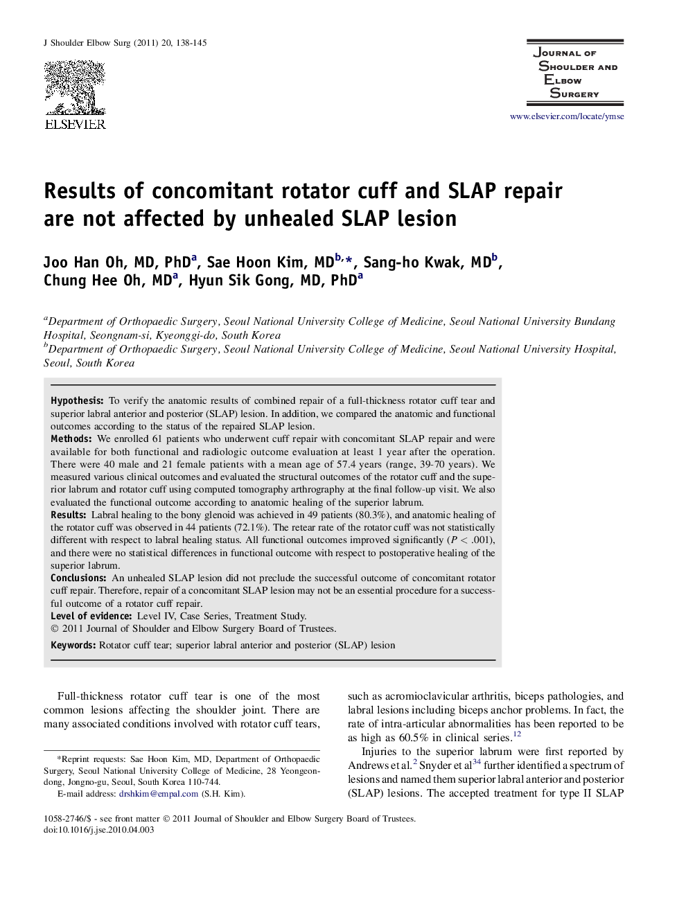 Results of concomitant rotator cuff and SLAP repair are not affected by unhealed SLAP lesion