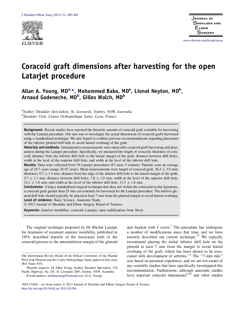 Coracoid graft dimensions after harvesting for the open Latarjet procedure 