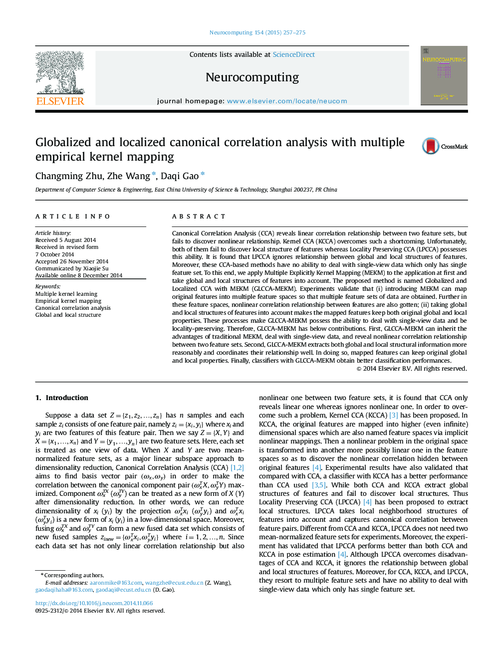 Globalized and localized canonical correlation analysis with multiple empirical kernel mapping