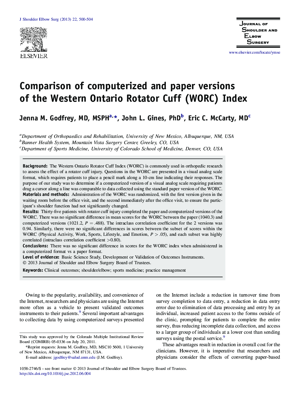 Comparison of computerized and paper versions of the Western Ontario Rotator Cuff (WORC) Index