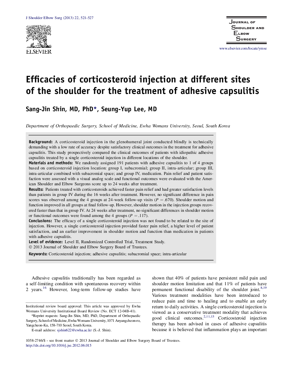 Efficacies of corticosteroid injection at different sites of the shoulder for the treatment of adhesive capsulitis 