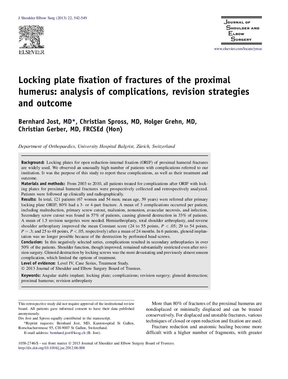 Locking plate fixation of fractures of the proximal humerus: analysis of complications, revision strategies and outcome 