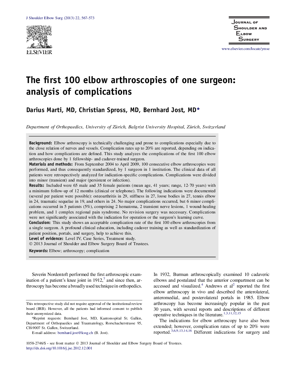 The first 100 elbow arthroscopies of one surgeon: analysis of complications 