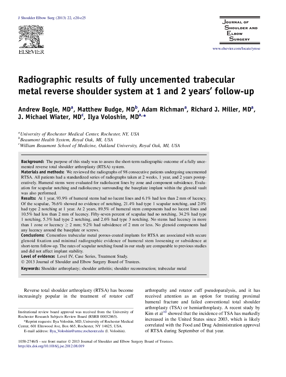 Radiographic results of fully uncemented trabecular metal reverse shoulder system at 1 and 2 years' follow-up 