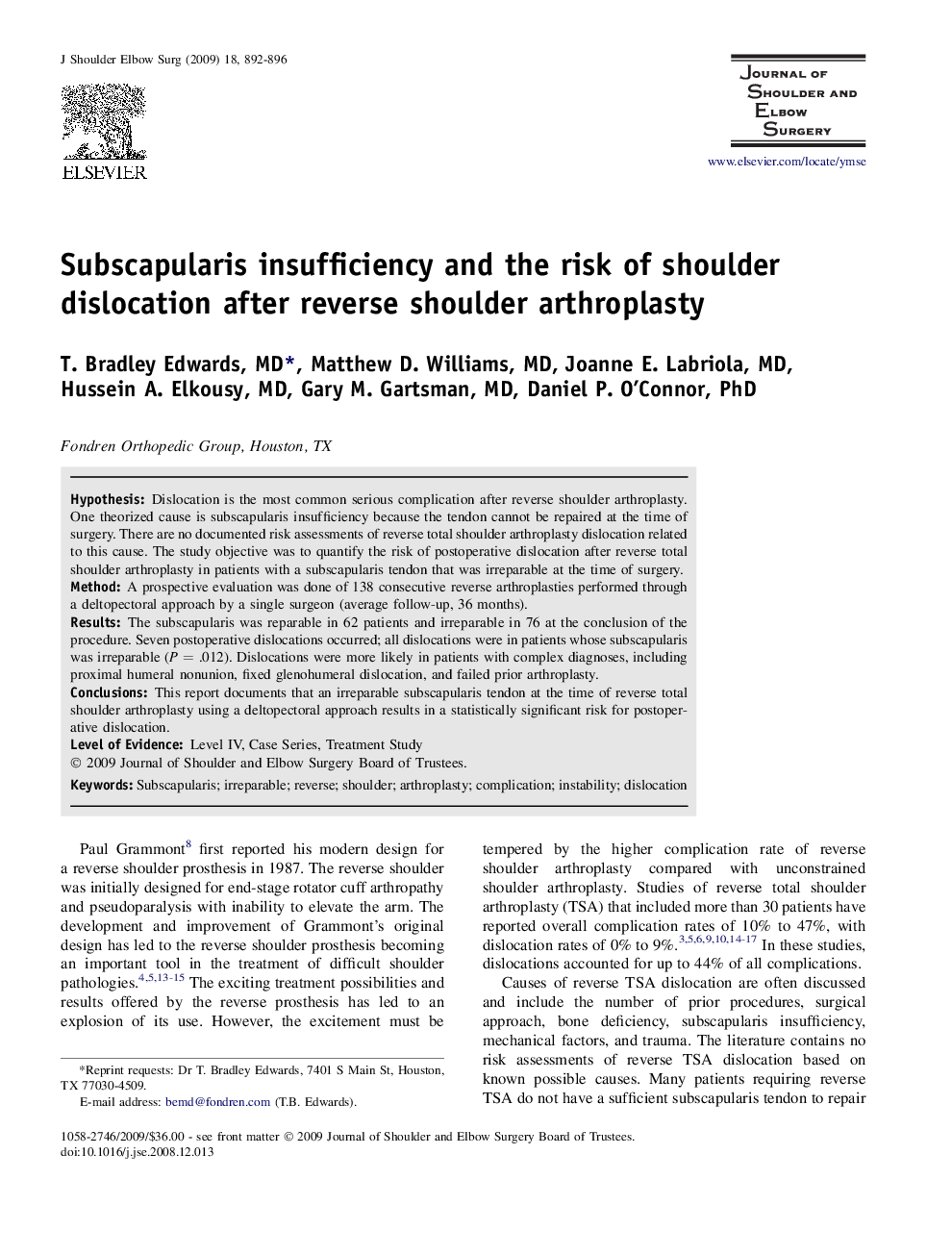 Subscapularis insufficiency and the risk of shoulder dislocation after reverse shoulder arthroplasty