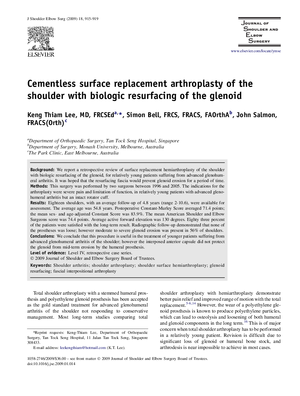 Cementless surface replacement arthroplasty of the shoulder with biologic resurfacing of the glenoid