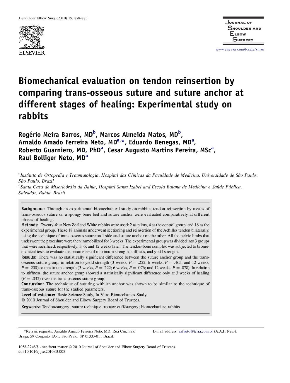 Biomechanical evaluation on tendon reinsertion by comparing trans-osseous suture and suture anchor at different stages of healing: Experimental study on rabbits